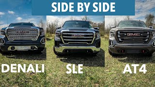 LETS COMPARE DENALI SLE amp AT4 GMC Sierra [upl. by Ylram]