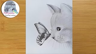 How to draw a cat with butterfly  pencil sketch for beginners  step by step drawing [upl. by Lemar]