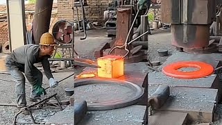 Seamless Rolled Ring Forging Process From Block to Flat Ring  Machinery Sounds  Art of Forging [upl. by Sinnoda]