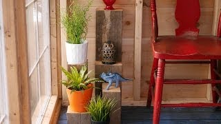 DIY scrap wood plant stands in a salvaged material greenhousecabin flea market finds [upl. by Joacimah]