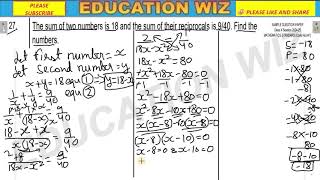 The sum of two numbers is 18 and the sum of their reciprocals is 940 Find the numbers [upl. by Elodie]