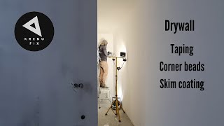 How to tape drywall install corner beads and skim coating Bathroomkitchen renovationPart 18 [upl. by Amalia]