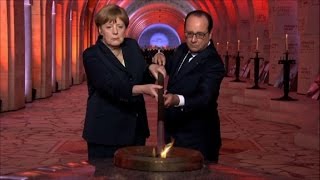 Hollande et Merkel dans la nef de lossuaire de Douaumont [upl. by Immij]