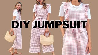 DIY JUMPSUIT Ruffle shoulder strap wide leg pants side pockets  Step by step sewing tutorial [upl. by Ivette718]