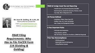 FBAR Filing Requirements Who Files FinCEN Form 114  Golding amp Golding Board Certified Tax Lawyers [upl. by Yttik994]