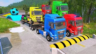 Double Flatbed Trailer Truck vs Speedbumps Train vs Cars  Tractor vs Train BeamngDrive 050 [upl. by Ulda10]