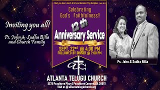 Atlanta Telugu Church Service  Sept 22 2024 12th Annivesary Ps John amp Sudha Billa [upl. by Enerehs]