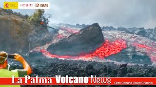 Giant erratic block flows on lava towards Tajuya  La Palma Volcanic Eruption News [upl. by Oirobil]