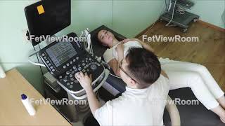 A young doctor examining the womans abdominal organs using an ultrasound scanner [upl. by Aleda]