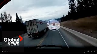 Dangerous illegal pass by semitruck on BCs Highway 5 caught on video [upl. by Derril]