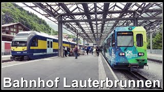 Berner OberlandBahn und Wengernalpbahn beim Bahnhof Lauterbrunnen Kanton Bern Schweiz 2022 [upl. by Odessa]