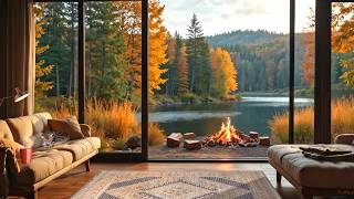 Autumn Porch Ambience with Cozy Campfire by the Lake and Relaxing Nature Sounds in Fall Forest [upl. by Jamill]