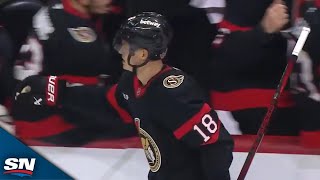 Senators Tim Stutzle Blasts OneTimer From Slot Past Oilers Stuart Skinner [upl. by Annaeiluj]