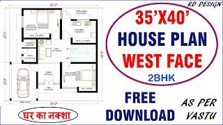 west facing house plan with car parking  35 x 40 house plan  RD Design [upl. by Nedloh]