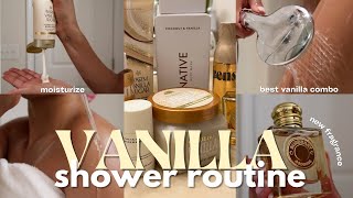 FALL VANILLA SHOWER ROUTINE  best vanilla hygiene combo  fav vanilla products [upl. by Jennee27]