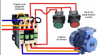 Three phase AC motor with NO magnetic contactor and NO NC switch control wiring diagram [upl. by Thorma]