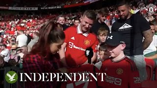 Young Manchester United fans cheeky reaction to being gifted Alejandro Garnacho shirt [upl. by Edris352]