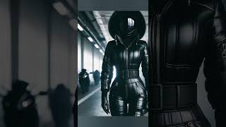 BLACK GLOSSY SUIT WALKING IN BLACK SKI OVERALLS WITH BELT AND HOOD GAS MASK AND RESPIRATORS [upl. by Yeldud]