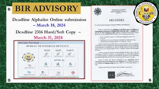 BIR ADVISORY 2024 Extended DEADLINE BIR form 2316 submission and ONLINE submission of Alphalist [upl. by Birkett]