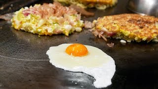 Japanese Street Food  OKONOMIYAKI Seafood Pancake Osaka Japan [upl. by Thessa]