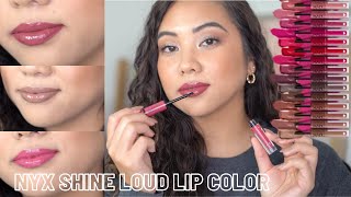 NEW NYX SHINE LOUD HIGH SHINE LIP COLOR  SWATCHES AND REVIEW  MEDIUM SKIN [upl. by Huskamp822]