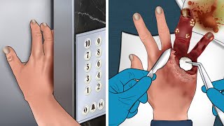 ASMR Animation Treatment of hand injuries caused by stuck elevator doors [upl. by Llehsam]