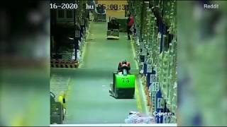 Forklift Driver Falls Asleep and Drives into Shelves [upl. by Lenor]