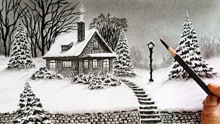 Winter season house landscape drawing easy ways  Winter nature scenery drawing easy steps [upl. by Evey240]