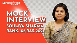 RAS Topper Soumya Sharma  Rank106 rasinterview mockinterview springboardacademy [upl. by Bore]