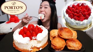 Eating Cheesecake Portos Strawberry Cheesecake amp Meat Pies  Los Angeles Food Dessert Mukbang Asmr [upl. by Waddington]