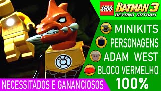 LEGO Batman 3 38 FASE 13 NECESSITADOS E GANANCIOSOS 100 MINIKITS PERSONAGENS ADAM WEST [upl. by Eilrebmik]