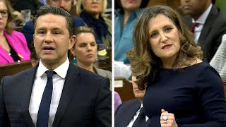 2024 FEDERAL BUDGET  Poilievre and Freeland spar over spending [upl. by Eidda203]