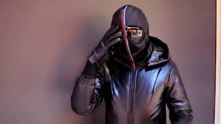 Black glossy ski suit and gas mask Black glossy warm leather ski suit Winter ski suit ski mask [upl. by Broderick]