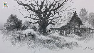 How to draw Easy Village Landscape Art with Pen Pencil  Pencil Tutorial [upl. by Arem]