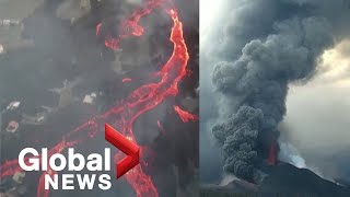 La Palma volcano Drone video shows new vent spurting hot ash as rivers of lava continue flowing [upl. by Nedap]