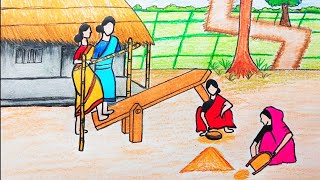 How to draw Village scenery with working woman  Indian Village Scenery drawing  Prakritik drishya [upl. by Nylesor100]