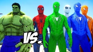 THE HULK VS SPIDERMAN ARMY  SPIDERMAN GREEN SPIDERMAN BLUE SPIDERMAN ORANGE SPIDERMAN VS HULK [upl. by Irisa120]