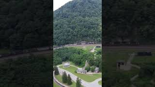 Coal Train Rounds Horseshoe Curve norfolksouthern drone horseshoecurve train shorts [upl. by Akeihsal]