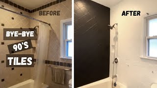 Painting Wall TILES in Bathroom  Extreme Makeover on a Budget [upl. by Asek]