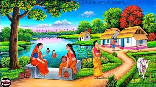 Beautiful Village Landscape Scenery Painting Indian Village Scenery Painting With EarthWatercolor [upl. by Armond]