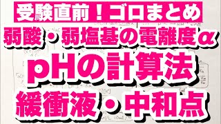 【pH計算まとめ】弱酸と弱塩基・緩衝液・中和点の計算問題の解法 弱酸・弱塩基の電離度αとpHの求め方 緩衝液・中和点のpHの求め方 酸と塩基 平衡 ゴロ化学 [upl. by Nivek]