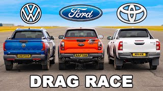 Ford Raptor v GR Toyota Hilux v VW Amarok DRAG RACE [upl. by Gerdi635]