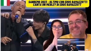 Sanremo 2023  Ultimo con Eros Ramazzotti canta un medley di Eros Ramazzotti  🇩🇰REACTION [upl. by Sirred]