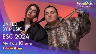 Eurovision Song Contest 2024  MY TOP 10 so far  🇳🇴 🇪🇸 🇲🇹 🇺🇦 [upl. by Christyna]