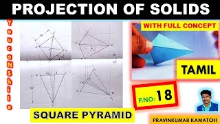 Projectionofsolids  PNo 18  Tamil  Square Pyramid Axis inclined to VP with corner resting  EG [upl. by Edy]