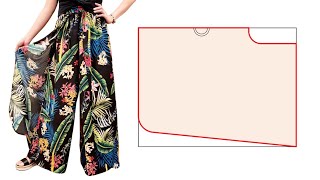 ⭐ Easy DIY Palazzo Pants with Skirt Overlay elastic belt Long culotte trousers cutting and sewing [upl. by Yntirb]