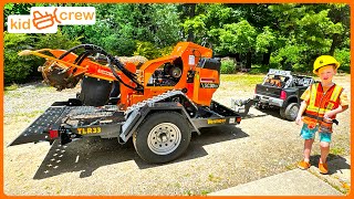 Grinding stump and using toy chainsaw forestry logging trucks Educational stump grinder  Kid Crew [upl. by Annaiv]