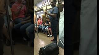 Subway creatures guy green backpack playing saxophone on subway train [upl. by Ybok]