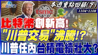 比特幣創新高！ 特斯拉大漲15！ ＂川普交易＂沸騰！？ 輝達飆市值破36兆美元！川普任內台積電續壯大？｜2024110420241108【本週重點回顧 下】 [upl. by Ibbor501]