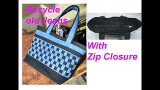 Recycled old jeans to make handmade Designer tote bag with zip closureDIY shopping Bag [upl. by Diego967]